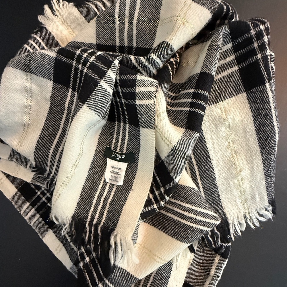 J Crew Wool Blend Plaid Scarf Black White Gold Metallic Lurex Fringe